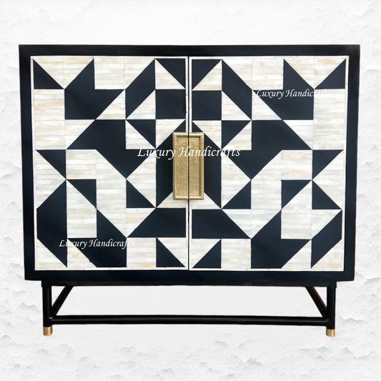 Bone Inlay Geometric 2 Door Cabinet Black