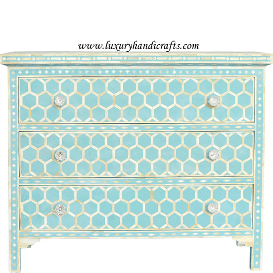 Bone Three Drawer Chest Honeycomb Design Turquoise