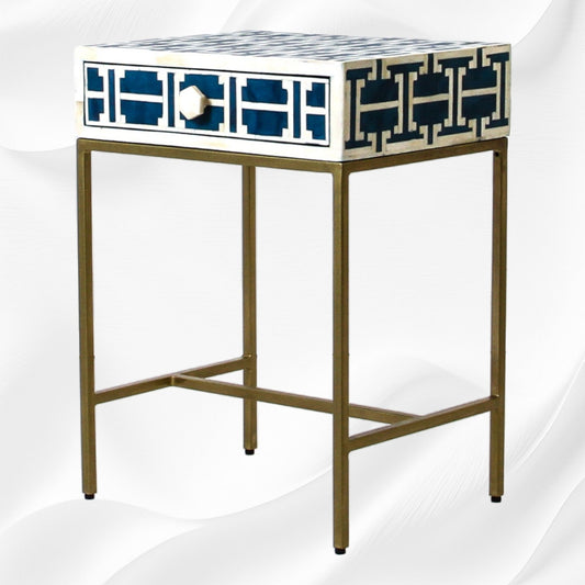 Tetris Bone Inlay 1 Drawer Nightstand Indigo with Shelf