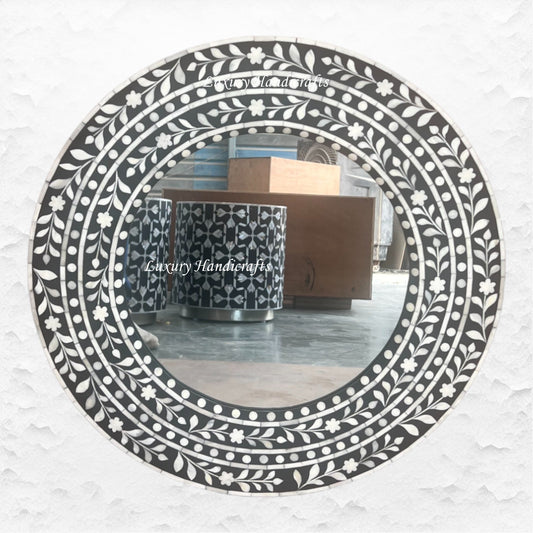 Dot Floral Bone Inlay Mirror Black
