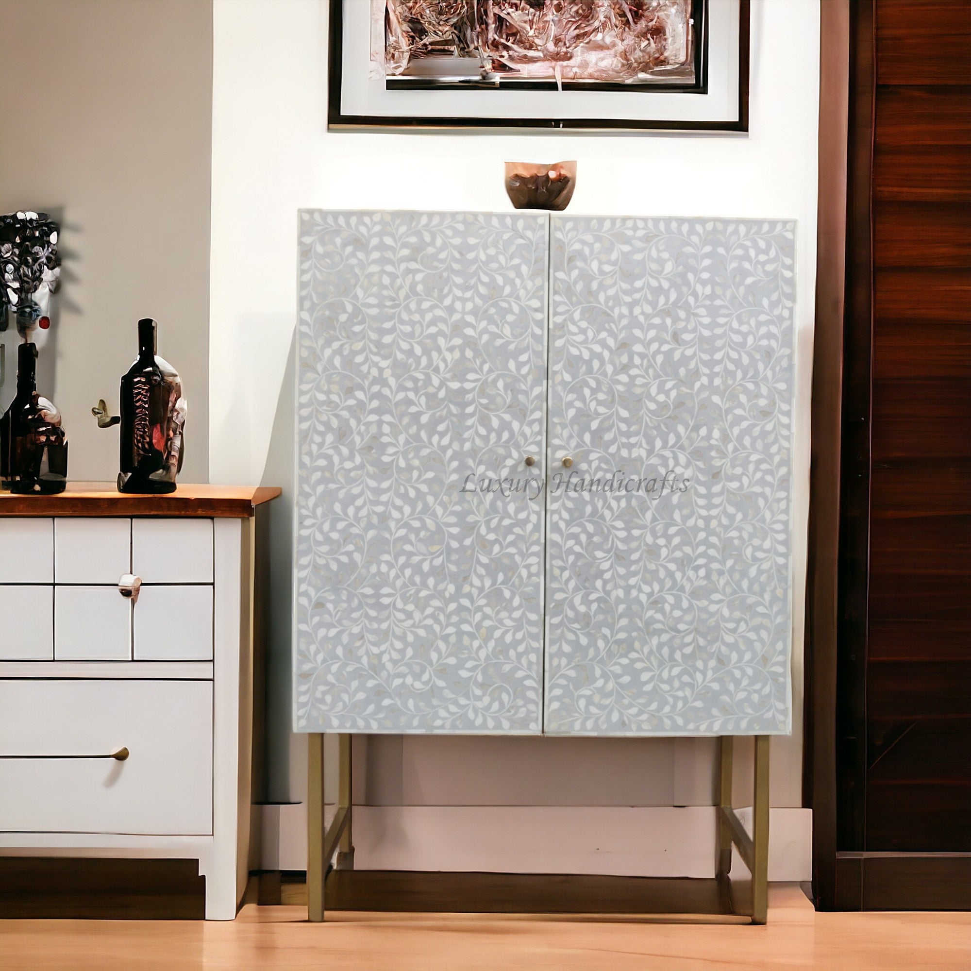Floral Spiral Bone Inlay Bar Cabinet Grey