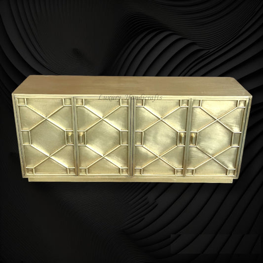 Hollywood Regency Brass Embossed 4 Door Cabinet