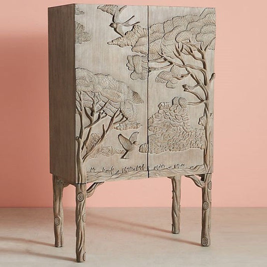 Handcarved Land and Sky Bar Cabinet