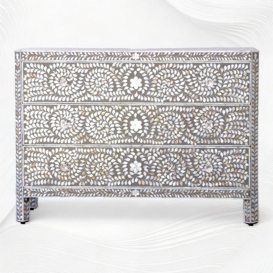 MOP Inlay Edge Floral 3 Drawer Dresser Dark Grey