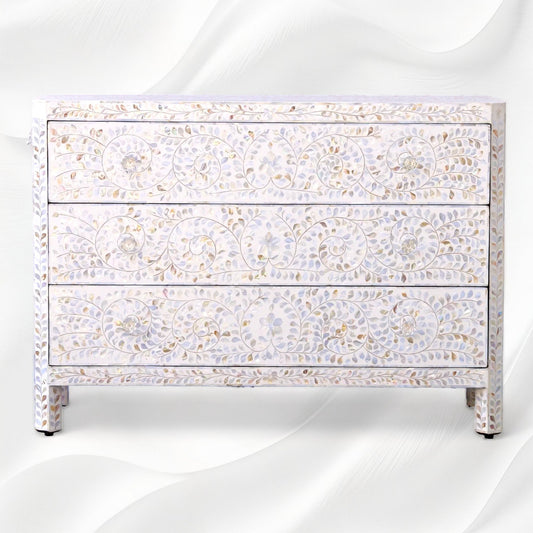 MOP Inlay Edge Floral 3 Drawer Dresser White