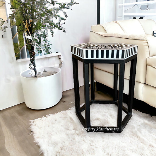 MOP Inlay Hexagonal Stripe Side Table Black