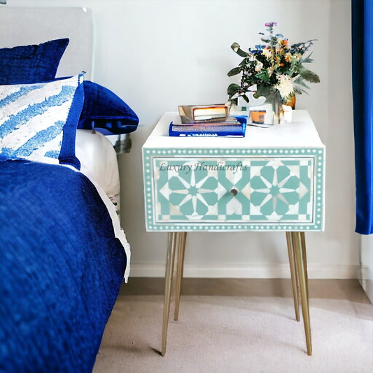 Moroccan Bone Inlay 1 Drawer Bedside Green