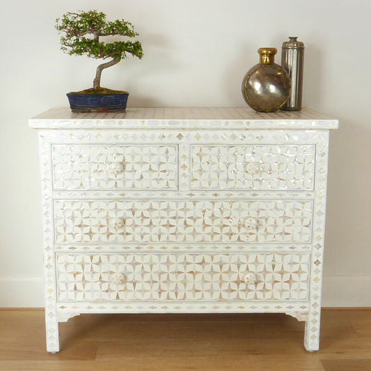 Mother Of Pearl Inlay 4 Drawer Star Chest White