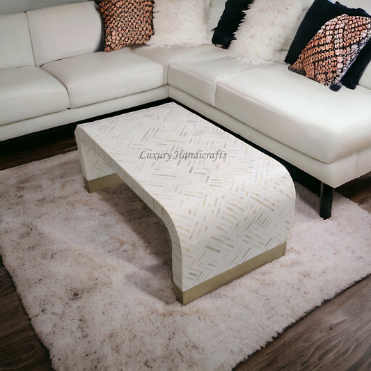 Optical Waterfall Bone Inlay Coffee Table White Brass Base