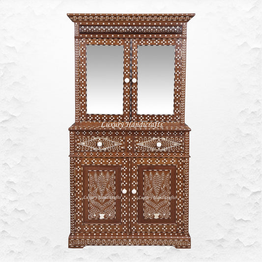 Ross Indian Teak Wood Bone Inlay Cabinet