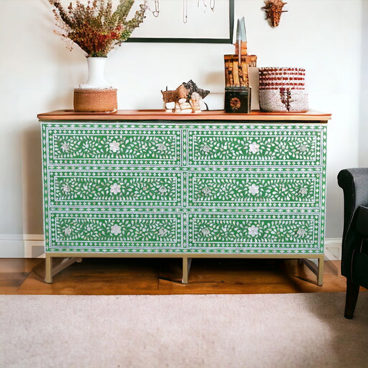 Scroll Vine MOP Inlay 6 Drawer Dresser Green