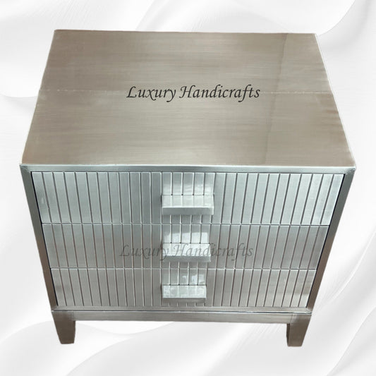 Stripe Silver Metal 3 Drawer Bedside