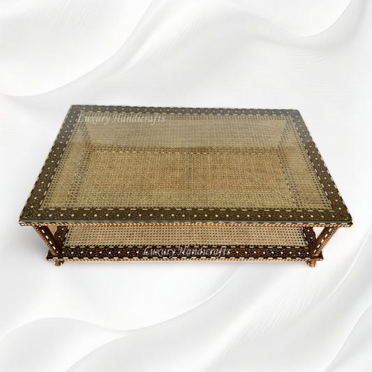 Teakwood Bone Inlaid Cane Coffee Table Walnut Finish
