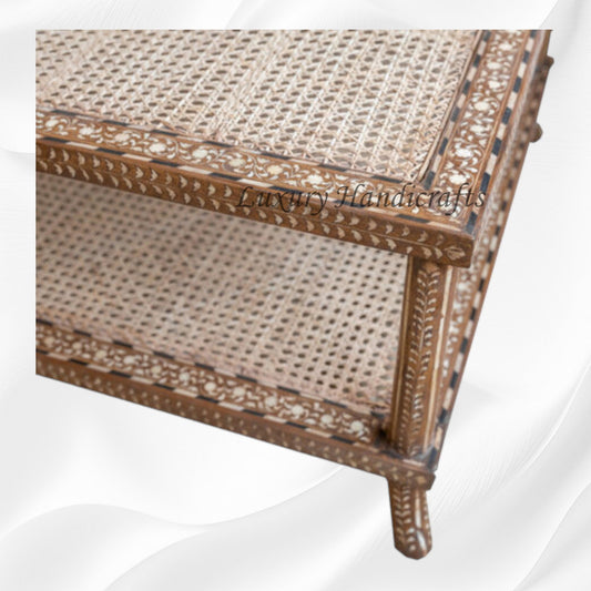 Teakwood Bone Inlaid Cane Coffee Table