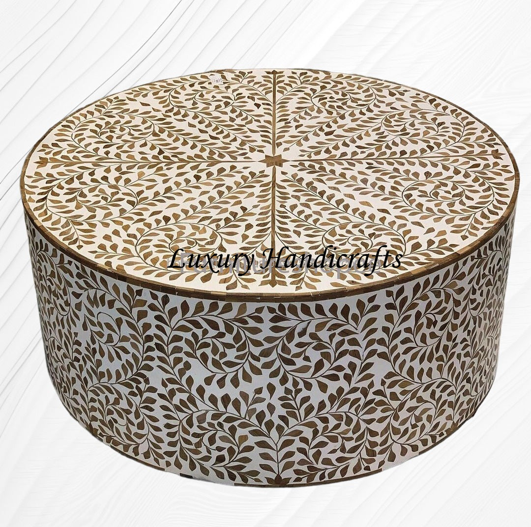 Teakwood Inlay Round Coffee Table White luxuryhandicrafts.in