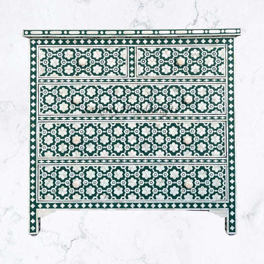 Flower Bone Inlay 5 Drawer Chest Teal Green