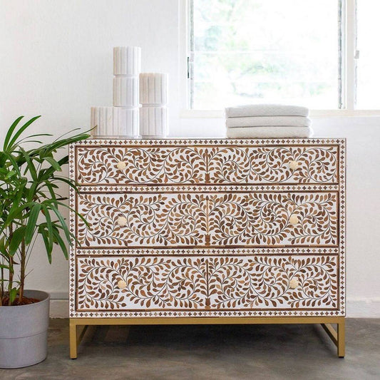 Floral Wood Inlay Chest of 3 Drawers
