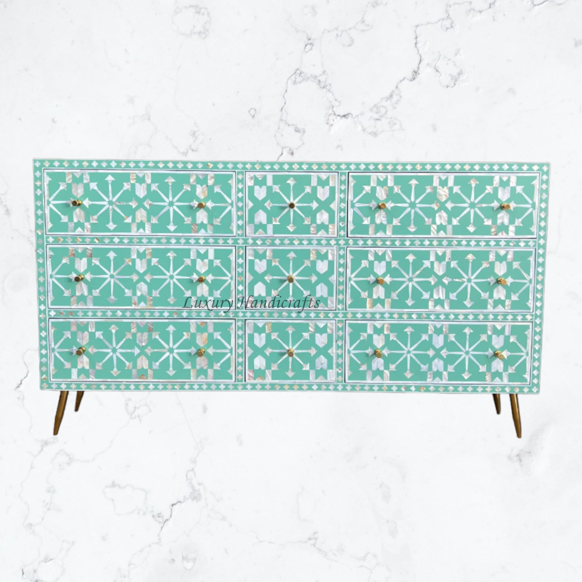 MOP Inlay Moroccan 9 Drawer Chest Green Luxury Handicrafts MOP Inlay Moroccan 9 Drawer Chest Green Luxury Handicrafts