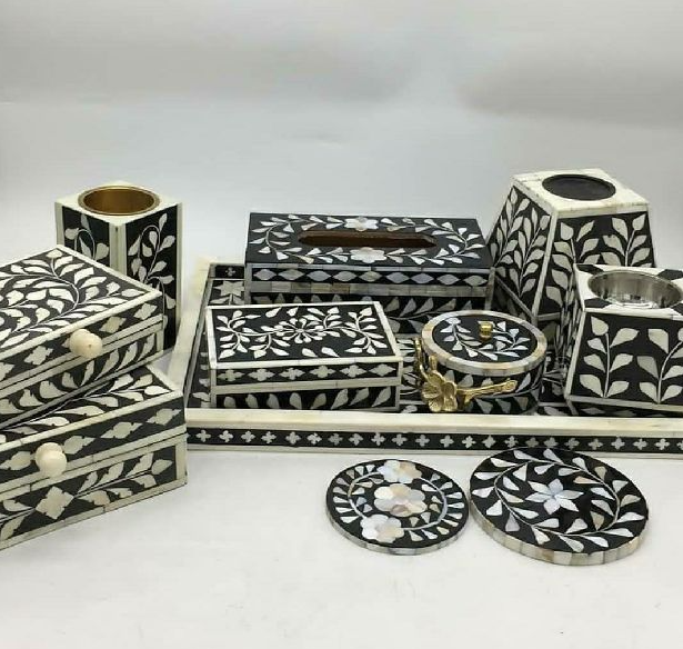 Black and white floral bone inlay boxes, & trays.