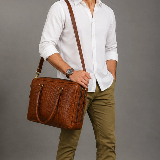 Crocodile Embossed Leather Breifcase - Brown