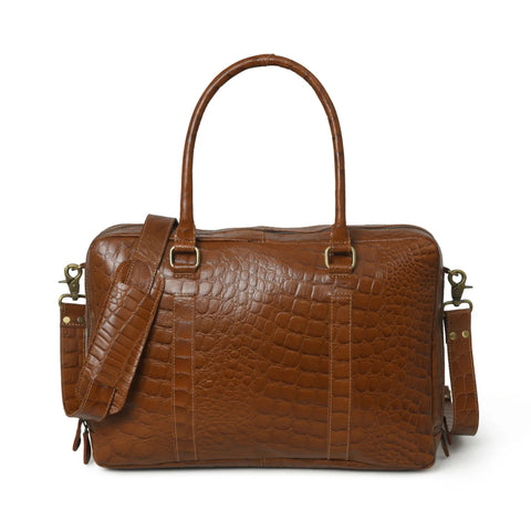 Crocodile Embossed Leather Breifcase - Brown