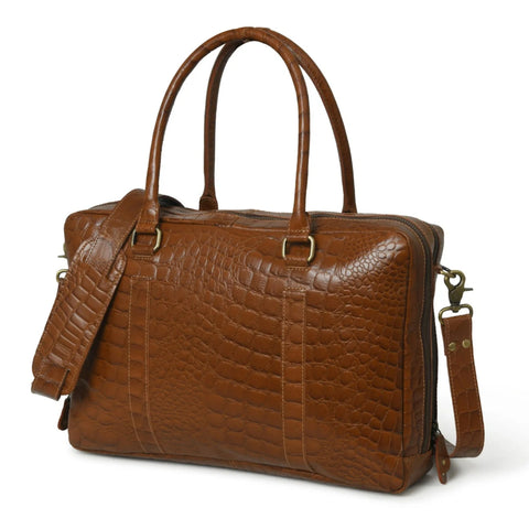 Crocodile Embossed Leather Breifcase - Brown
