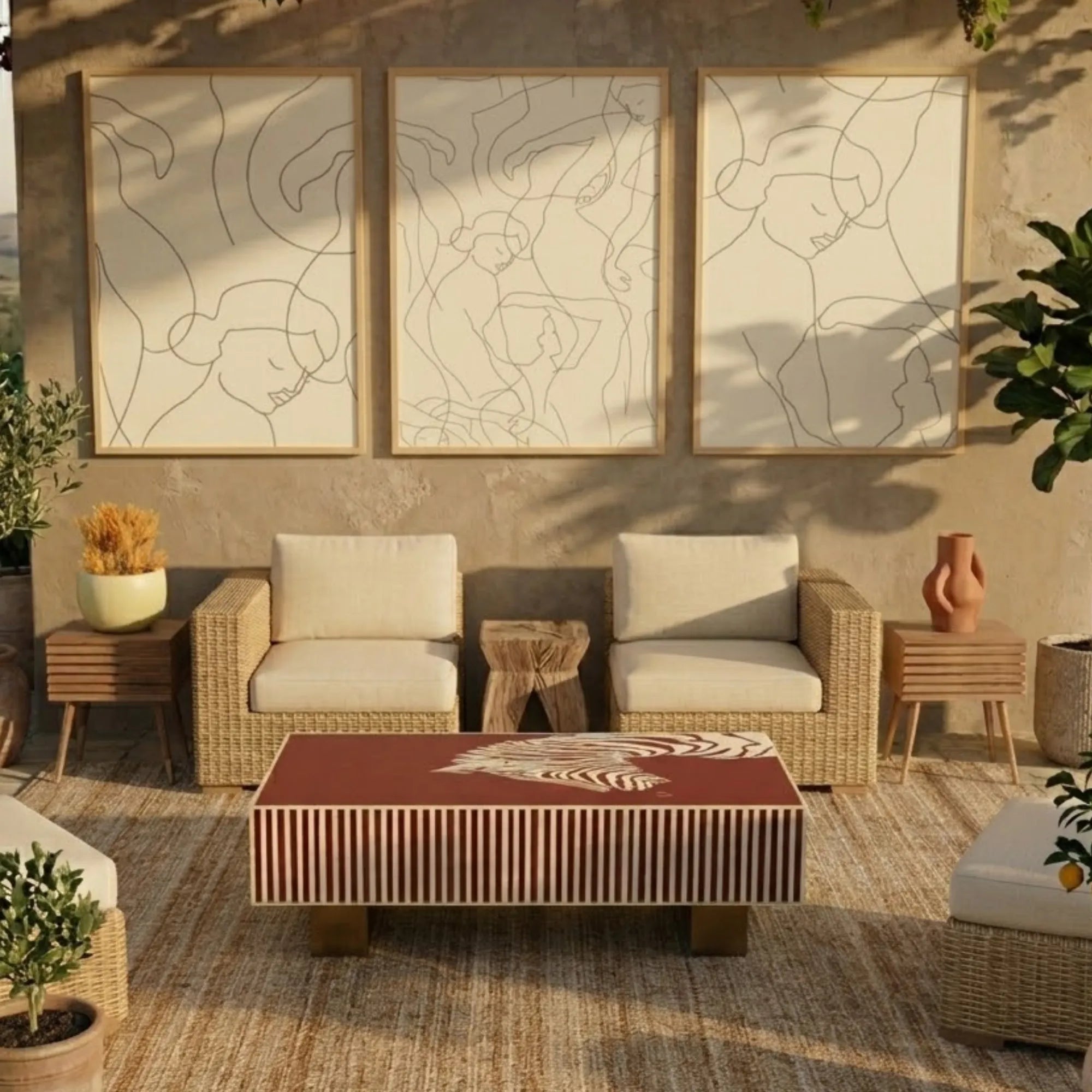 Outdoor patio furniture set with wicker chairs, table, and cushions in a sunlit room.