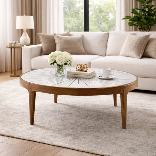 Starburst Marble Brass Inlay Round Coffee Table White