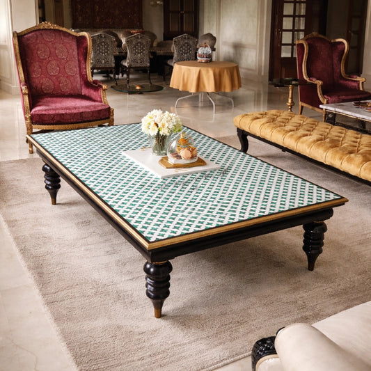 Sharp Clover Malachite Inlay White Marble Coffee Table