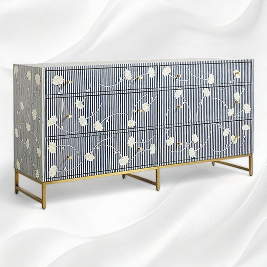 Ada Bone Inlay 6-drawer indigo blue chest, showcasing its good look in different views 2