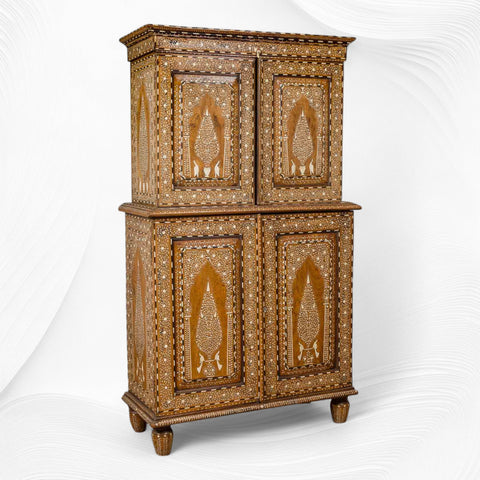 Vintage Anglo Indian Teak Wood Wardrobe Bone Inlay Natural