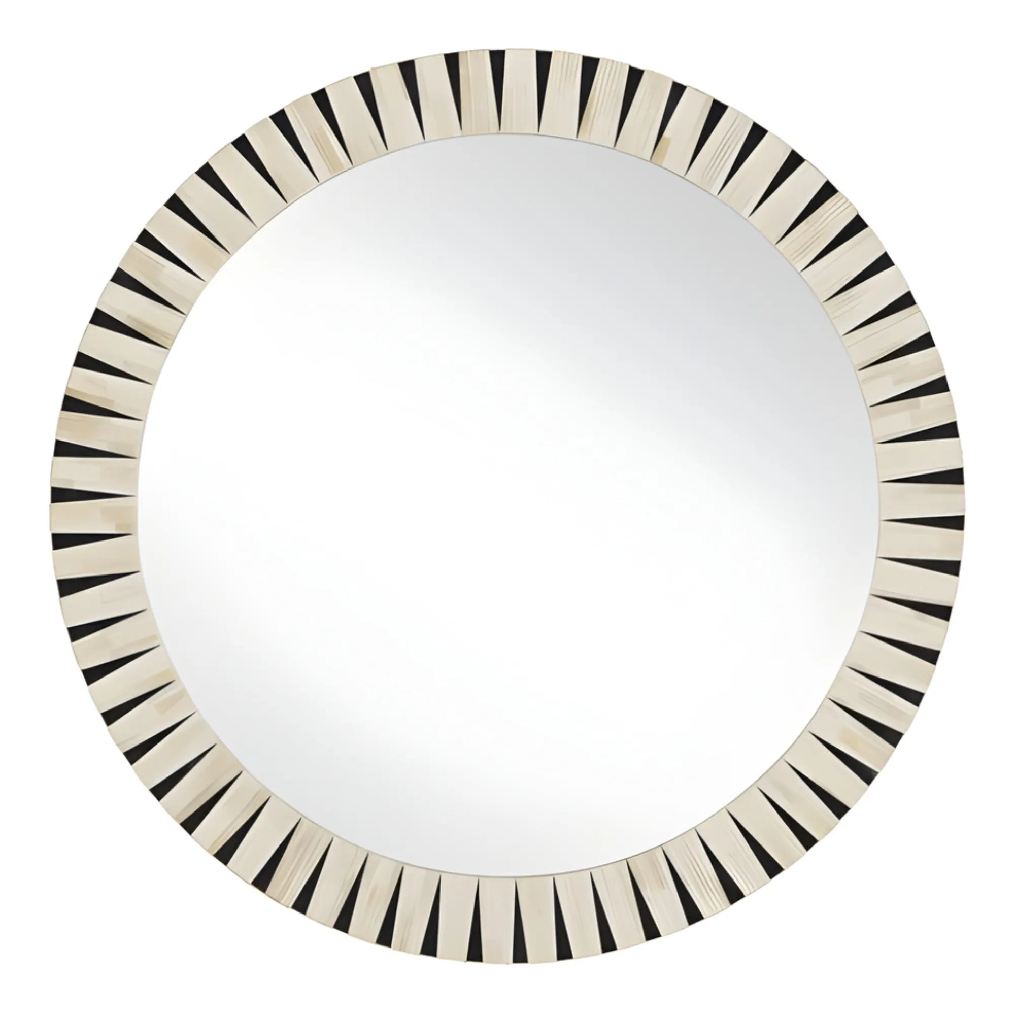 Round mirror with a black and white striped frame on a white background