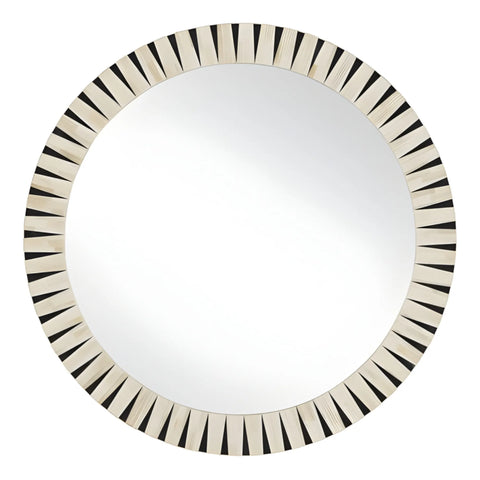 Round mirror with a black and white striped frame on a white background
