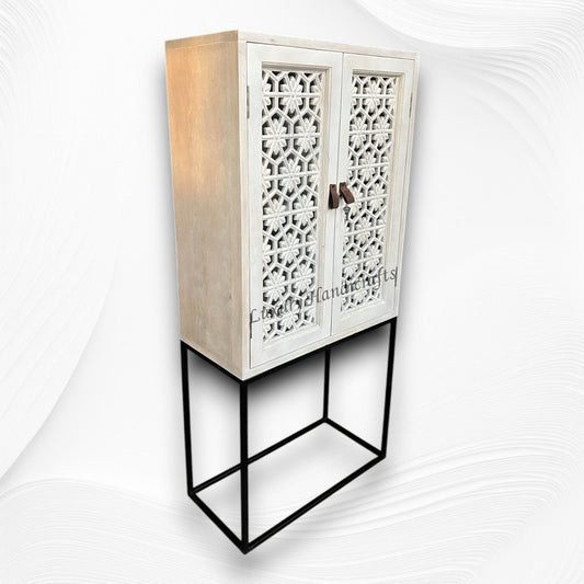 Armin Solid Mango Wood Hand Carved Bar Cabinet White Distress Finish 1