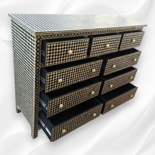 Black Bone Inlay 9 Drawer Checks Design Chest 1