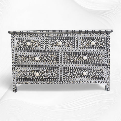 Black Mother Of Pearl Inlay Chest Of 7 Drawers Large