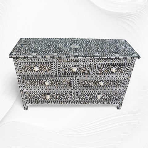 Black Mother Of Pearl Inlay Chest Of 7 Drawers Large