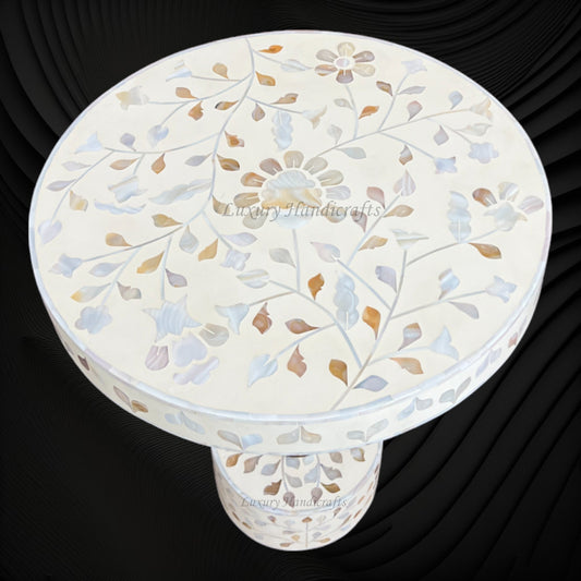Blooming Flowers MOP Inlay Round Accent Table Beige 1