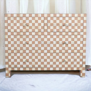 Bone Inlay 4 Drawer Checkerboard Dresser Almond