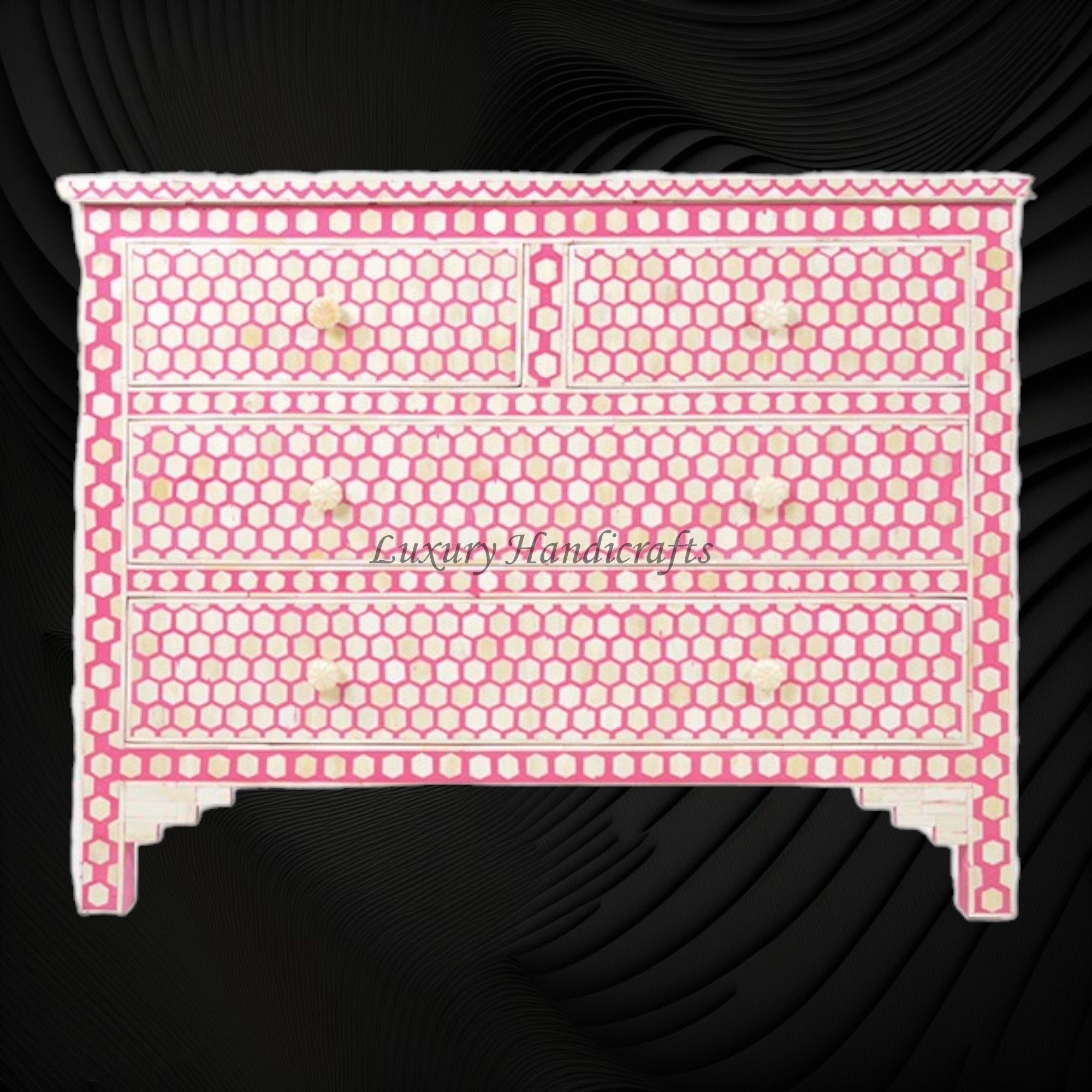 Bone Inlay Panels Bone Inlay Chest of Drawers Inverse Hexagon Pink – Luxury Handicrafts
