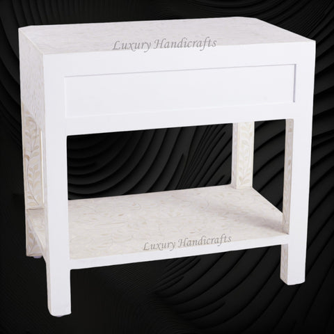 Decorative White Floral Bedside Table with Bone Inlay