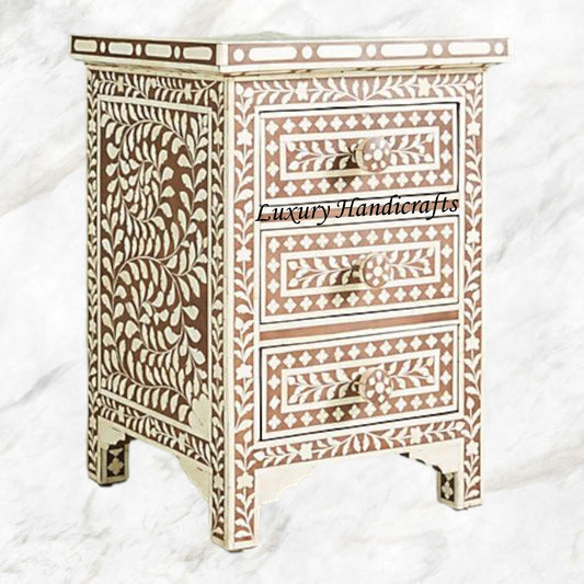 Bone Inlay Floral 3 Drawers Bedside Brown 2