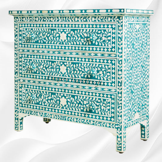 Bone Inlay 3 Drawer Chest Floral Design Teal Green