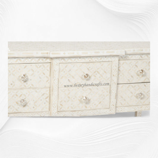 Geometric Bone Inlay 6 Drawer Console White