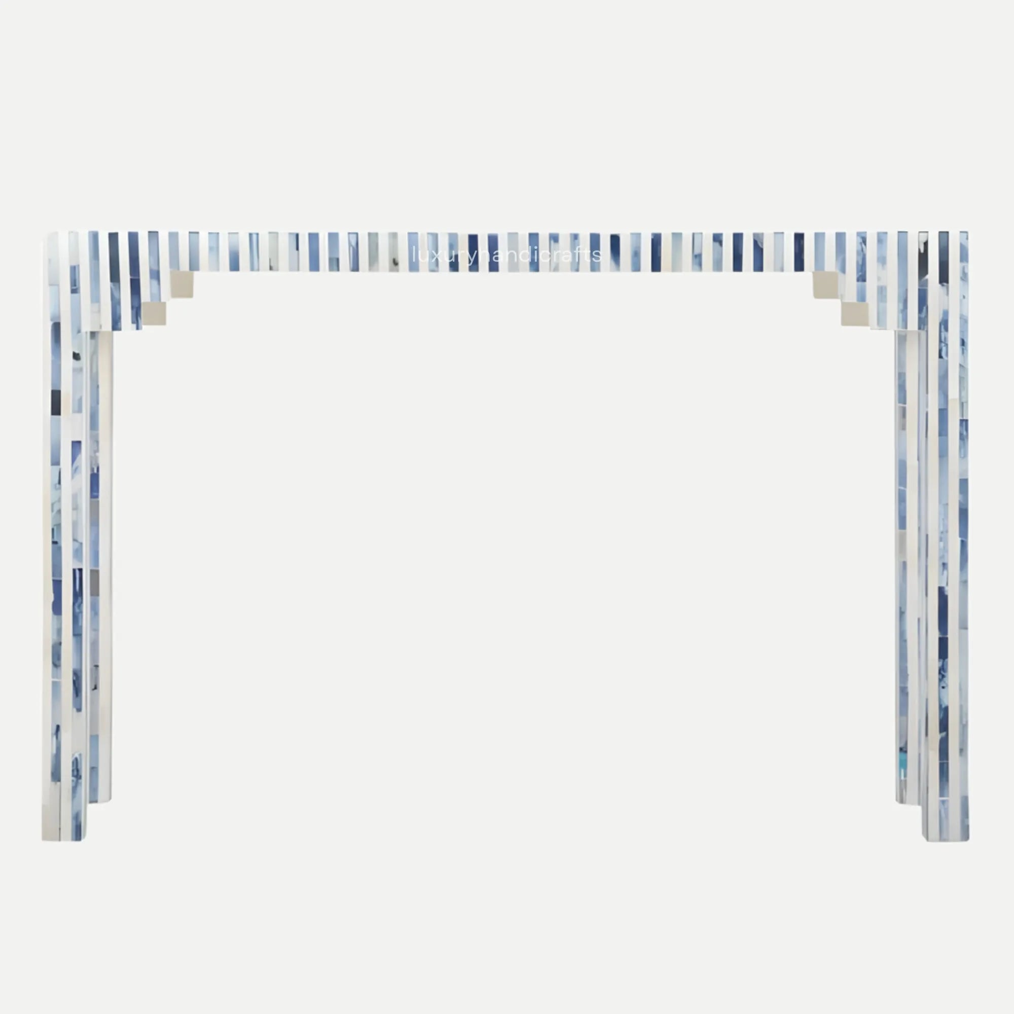 Decorative arch with blue and white striped design on a white background