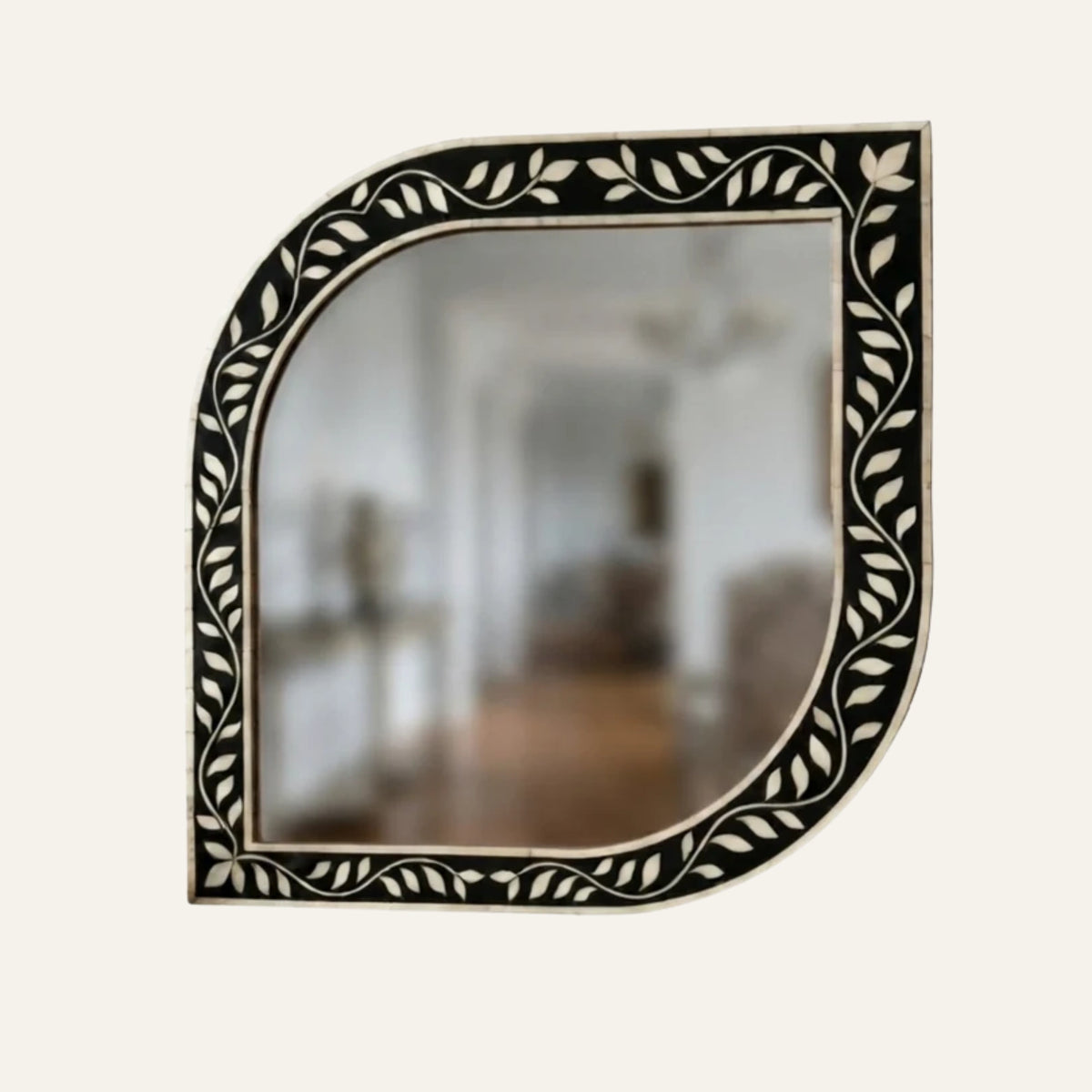 Bone Inlay Leaf Pattern Mirror - Black