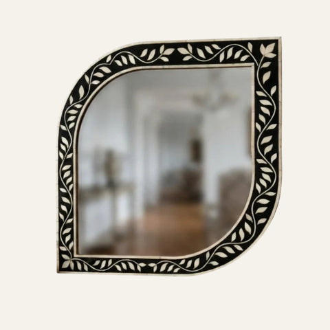 Bone Inlay Leaf Pattern Mirror - Black