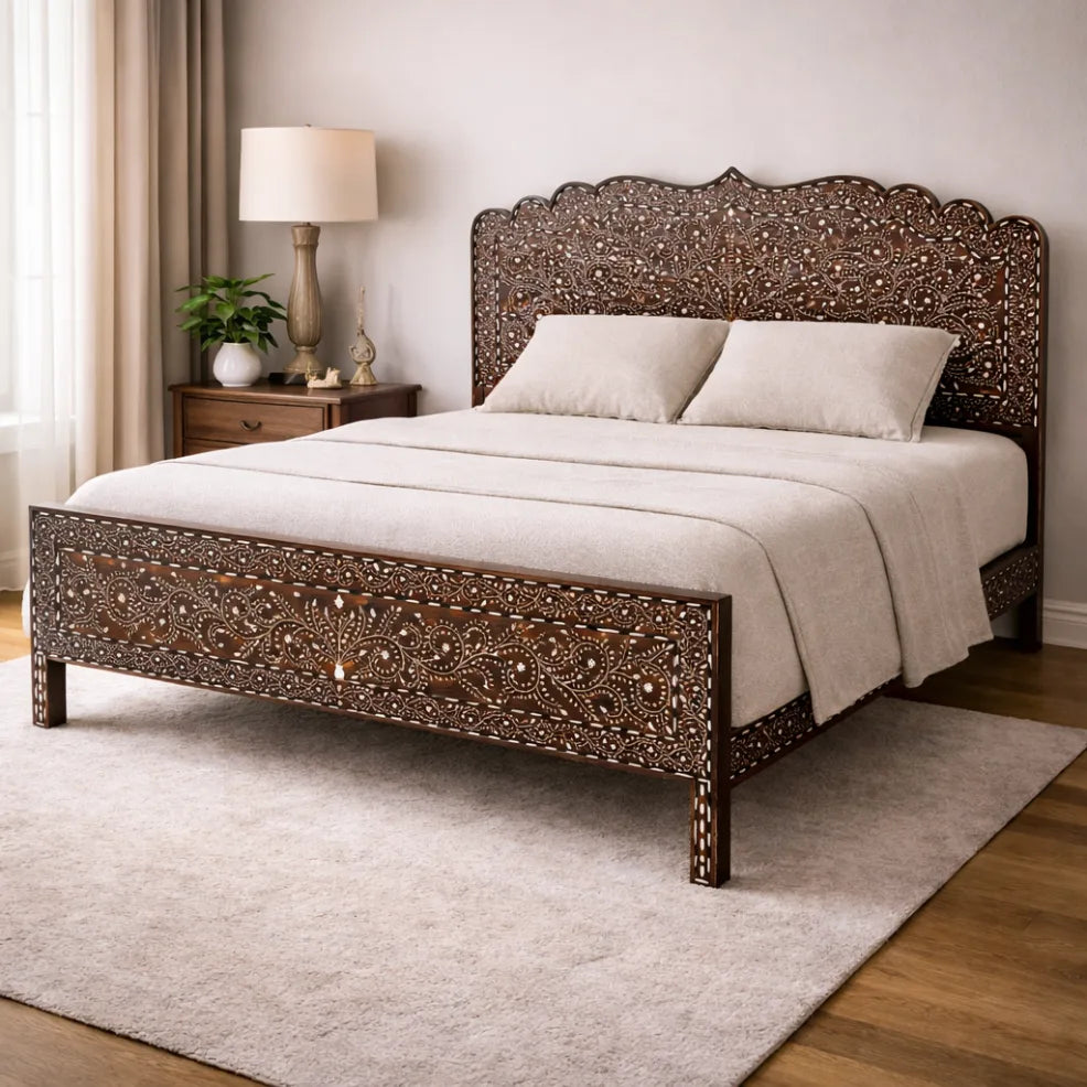 bone inlaid teakwood bed mehraab walnut finish carved headboard double bed