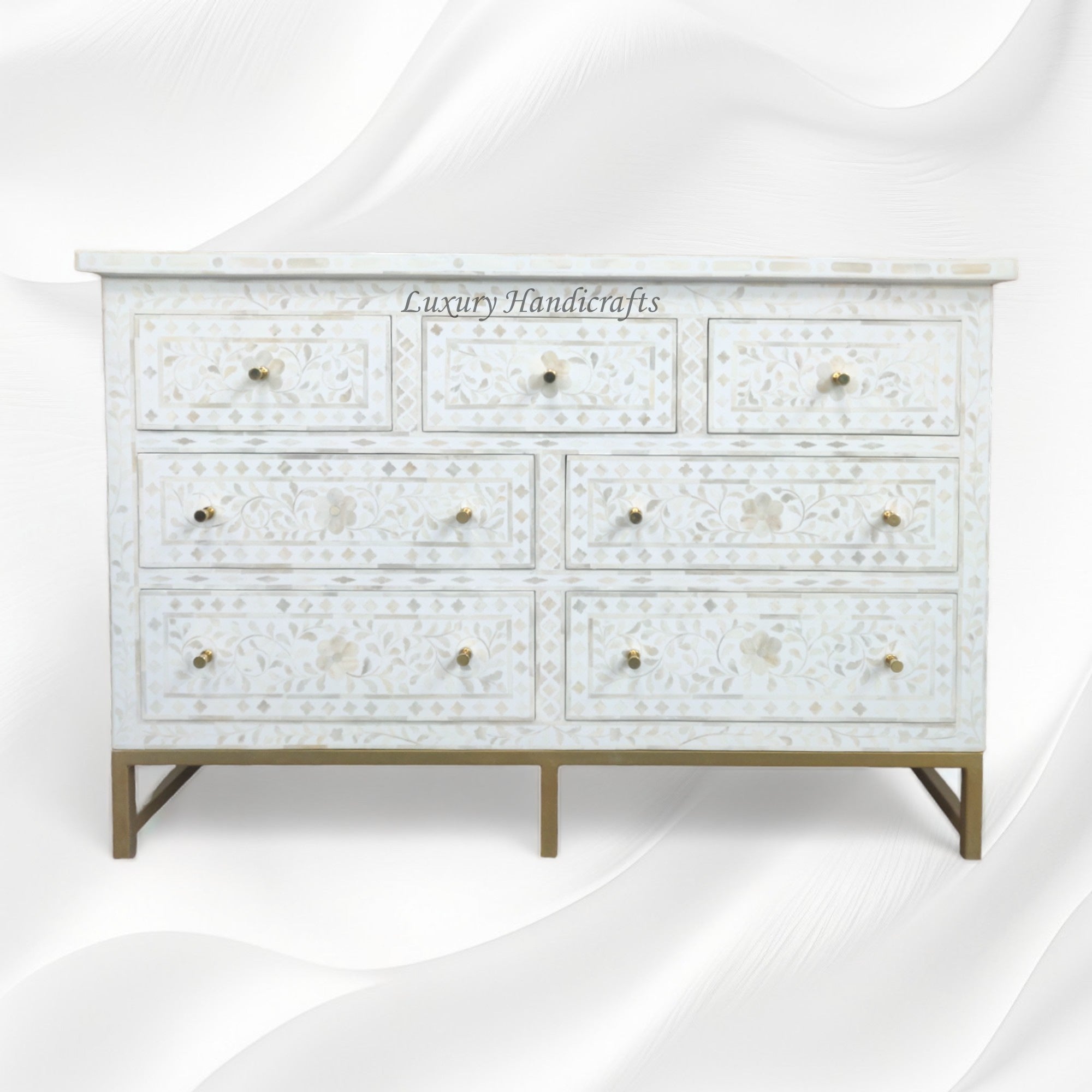 Bone Inlay Floral Chest of 7 Drawers Iron White 5