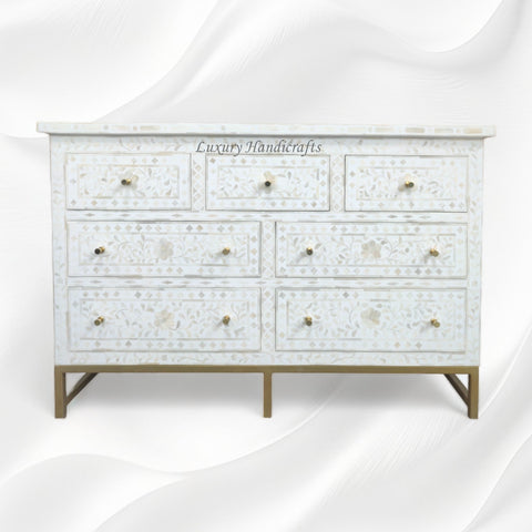 Bone Inlay Floral Chest of 7 Drawers Iron White 5